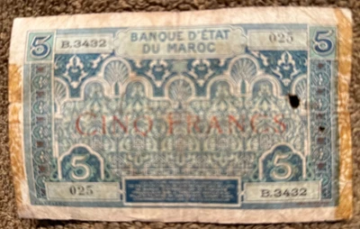 5 Francs Banknote from Morocco - Likely Printed On 01-08-1943 - Image 1 of 4