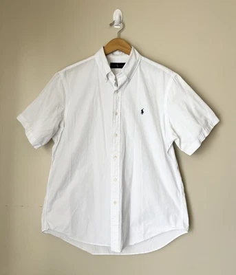 Camisa Ralph Lauren Para Hombre Con Botones Manga Corta Blanco Azul Logo de Poni Foto 1 de 4