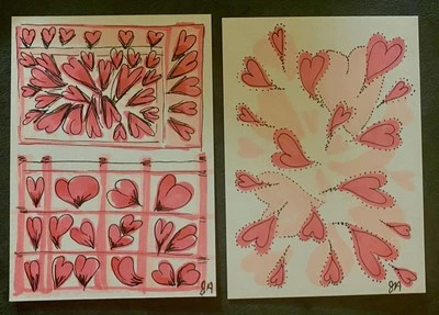 "Juego de 2 mini tarjetas artísticas originales ACEO 3,5"" X 2,5"" CORAZONES EXPLOSIVOS/ENCARCELADOS" Foto 1 de 4