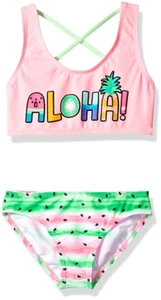 Freestyle Girls 2-Piece Criss Cross Back Aloha Bikini Swim Set Pink Size 12 4360 - Picture 1 of 3