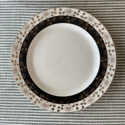 "Plato de cena Grace's Teaware ORO NEGRO banda negra flores florales blanco 10,5""" Foto 1 de 4