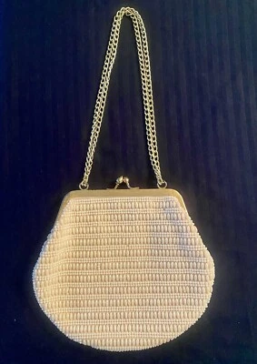 Vintage Cream Pearl Beaded Purse Evening Bag Silver Chain Kiss Clasp Hong Kong - Image 1 of 4