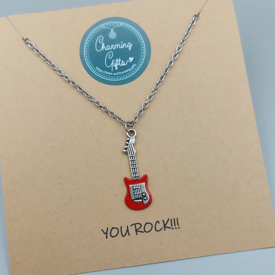 Collar de guitarra eléctrica roja - Joyería de música rock para amantes de la guitarra Foto 1 de 4
