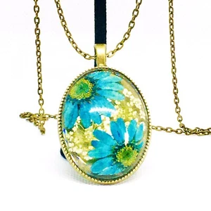 Handmade Boho Floral Necklace, Natural Real Dried Flower Pendant Necklace blue - Picture 1 of 11