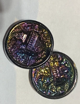 2 Buttons Iridescent Glass Small Antique Bridge Building Architecture Picture - Image 1 of 4