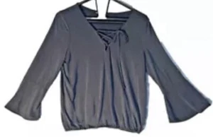 Aeropostale Dressy Shirt Womens Size Medium Grey Bell Sleeve Tie Modal Pullover - Picture 1 of 9