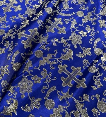 Royal Gold Metallic Church Cross Brocade Fabric 60” Width Sold By The Yard - Image 1 of 4