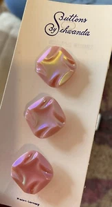 3 PINK IRIDESCENT CARVED VINTAGE SQUARE GLASS BUTTONS SCHWANDA W GERMANY 16mm - Picture 1 of 3