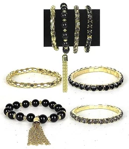 4 Set Bracelets Gold Plated Black Beaded Rhinetones Fashion Jewelry 3" New - Picture 1 of 1