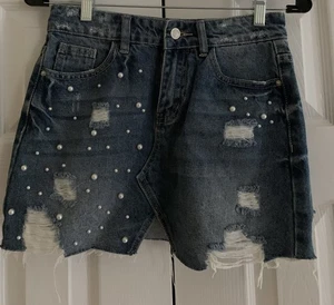 Angel Kiss Denim Jean Mini Skirt Pearl Detail Raw Hem Distressed Small - Picture 1 of 13