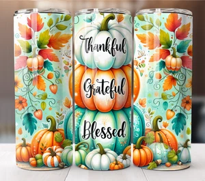 Thankful Grateful Blessed Pumpkins Fall 20oz Tumbler — Autumn Stainless Steel - Picture 1 of 4