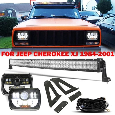 50" Curved LED Light Bar + 7x6" Headlight+ Mount Brackets for Jeep Cherokee XJ Foto 1 de 4