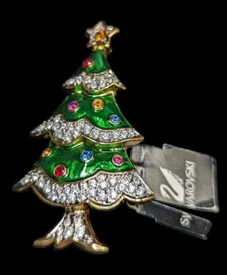 Broche prendedor de nieve árbol de Navidad esmalte cristal marca cisne Swarovski LE con caja  Foto 1 de 4
