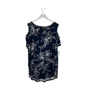 Jm Collection Floral Intrepid Blue Cold Shoulder Short Sleeve Top Plus Size 2X - Picture 1 of 5
