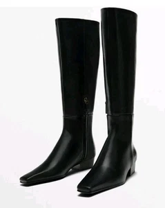 Massimo Dutti Square Toe Leather Knee High Side Zipper Boots Black uk 5 eu 38 - Picture 1 of 8