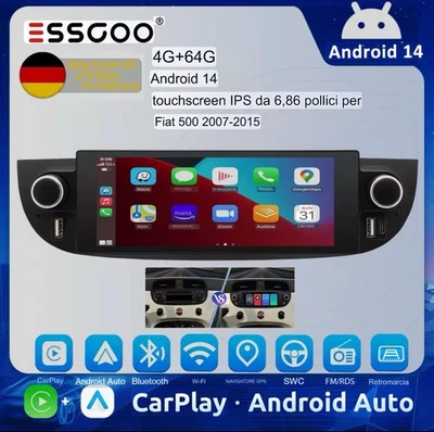 Essgoo CarPlay Android 14 AutoRadio FIAT 500 (2007-2015) Colore Nero 4G+64G - Immagine 1 di 4