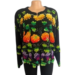 Cárdigan James Closet Vintage Tejido Cosecha Calabazas Uvas Girasoles Talla L - Imagen 1 de 8