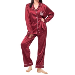 Silk Satin PJ Long Sleeve Set 2 Pcs Women Christmas Silk Pajamas Loungewear Set  - Picture 1 of 16