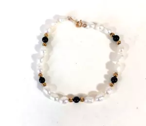 Baroque Pearl Black Onyx Beaded Bracelet Knotted Imperial Pearl Syndicate 7" - Picture 1 of 6