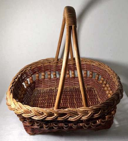 Woven Basket With Wood Beads Brown Wood Bent Handle Made In The Philippines Used Cover