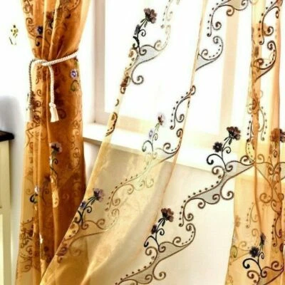 Embroidery Flower Red Blue Yellow Sheer Curtain Elegant Voile Window Tulle 63/84 - Image 1 of 4