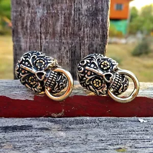 Biker Sugar Skull Cufflinks 90s Vintage Handmade by Artist - Day of the Dead - Picture 1 of 2