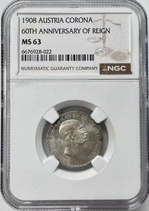 Austria 1908 1 Corona 60TH ANNIVERSARY OF REIGN NGC MS63 KM# 2808 - Picture 1 of 4