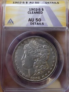 REDUCED!! BETTER DATE 1902-S MORGAN SILVER DOLLAR ANACS AU 50 CLEANED - Picture 1 of 2