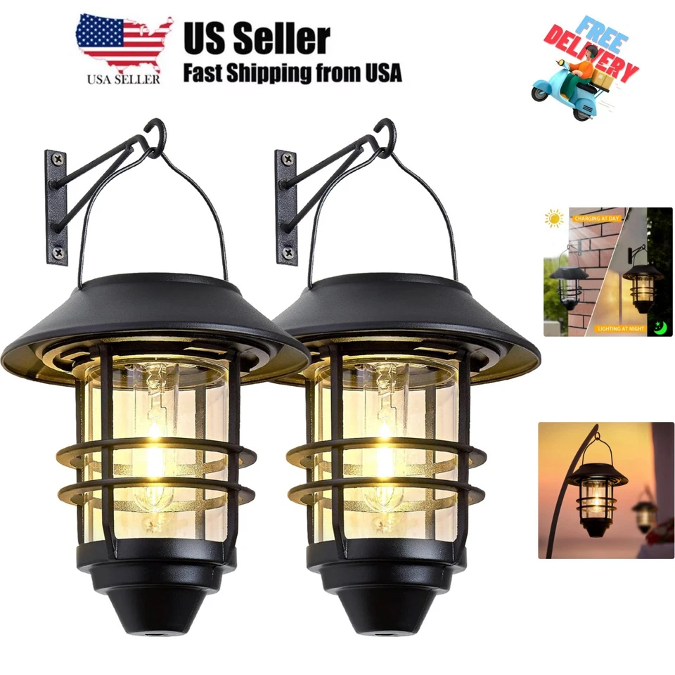 2 Pack Solar Lantern Outdoor Lights Hanging Wireless Waterproof Wall Mount