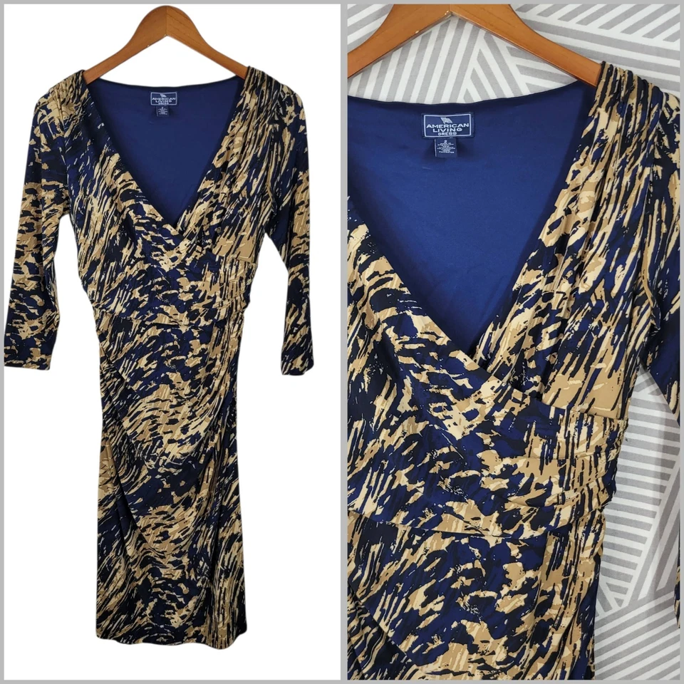 Vestido American Living tamanho 2 festa elástica cintura franzida envoltório falso azul marinho bronzeado - Imagem 1 de 4