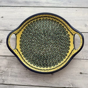 Boleslawiec Polnische Keramik Runde Schüssel Platte Teller mit Griffen Blau Gelb - Bild 1 von 14