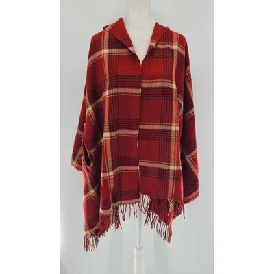 Poncho Madewell Tartán Cuadros Capa Chal Flecos Rojo Crema Negro Foto 1 de 4