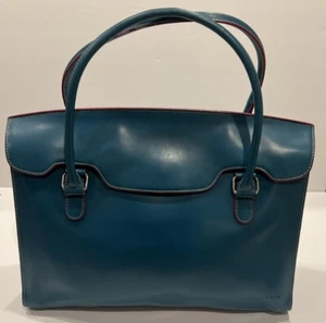 Lodis Large Flap Tote Laptop Shoulder Bag Genuine Leather Turquoise w/ Red Trimm - Picture 1 of 15