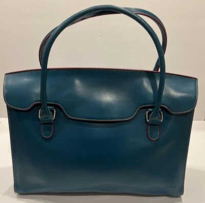 Bolso de Hombro Lodis Grande con Solapa para Laptop Cuero Genuino Turquesa con Borde Rojo Foto 1 de 4