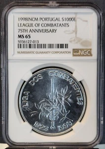 1998 PORTUGAL SILVER 1000 ESCUDOS LEAGUE OF COMBATANTS ANNIVERSARY NGC MS 65 - Picture 1 of 3