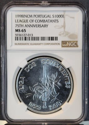 1998 PORTUGAL SILVER 1000 ESCUDOS LEAGUE OF COMBATANTS ANNIVERSARY NGC MS 65 - Image 1 of 3