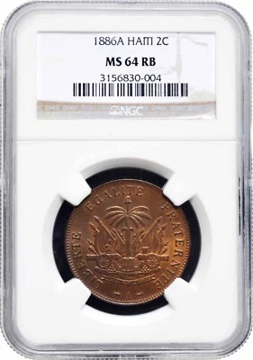 Haiti 2 centimes 1886 A, NGC MS64 RB, "Republic of Haiti (1863 - 1985)" - Image 1 of 4