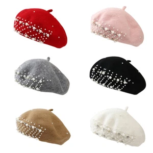 Women Chic Fancy Pearl Rhinestone Wool Beret Cap French Girls Warm Beanies Hat - Picture 1 of 19