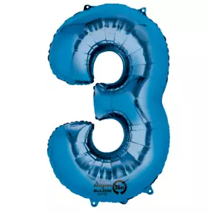 Anagram Balloons (NUMBER 3) Foil Mylar Balloon 34" BLUE SuperShape - Picture 1 of 1