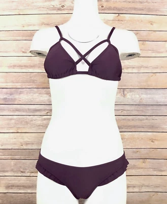 Traje de bikini de natación EXPRESS 2 piezas XS púrpura ciruela lazo trasero parte inferior con volantes NUEVO Foto 1 de 4