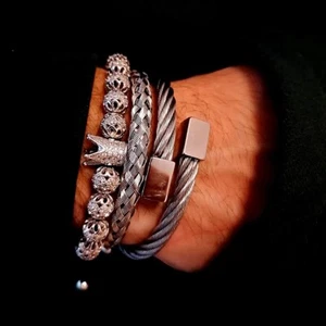 3PCS/Set Rhinestone King Crown Silver Charm Bracelets Men CZ Beads Bangle Women - Picture 1 of 11