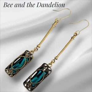 Vintage Style Long Green Crystal Gold Tone Art Nouveau Style Long Earrings - Picture 1 of 7
