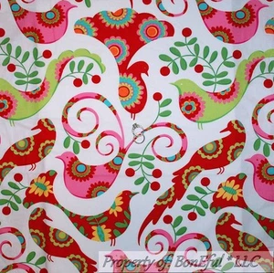 BonEful Fabric FQ Cotton Quilt White Pink Red Green Xmas Peacock Bird Flower Dot - Picture 1 of 12