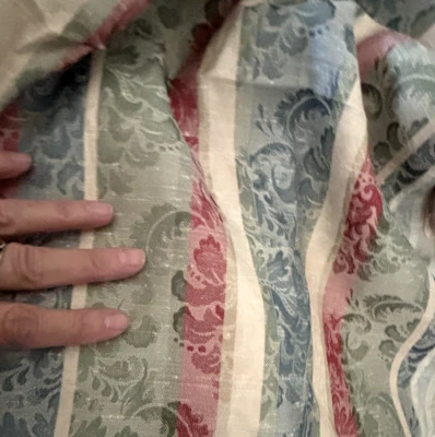 3+Yd Vtg 80s Beige Burgundy Red BlueGreen DAMASK UPHOLSTERY FABRIC 54X114 Stripe - Image 1 of 4