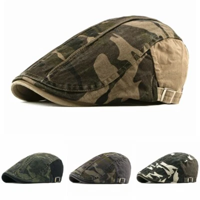 Men Women Camouflage Beret Newsboy Gatsby Flat Cap Wash Driving Hat Outdoor