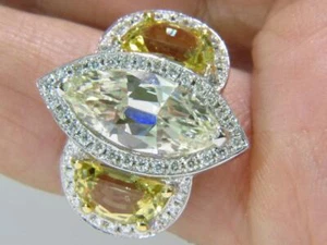 7.89CT Marquise Light Green Emerald With Half Moon Shape Citrine & Clear CZ Ring - Picture 1 of 7