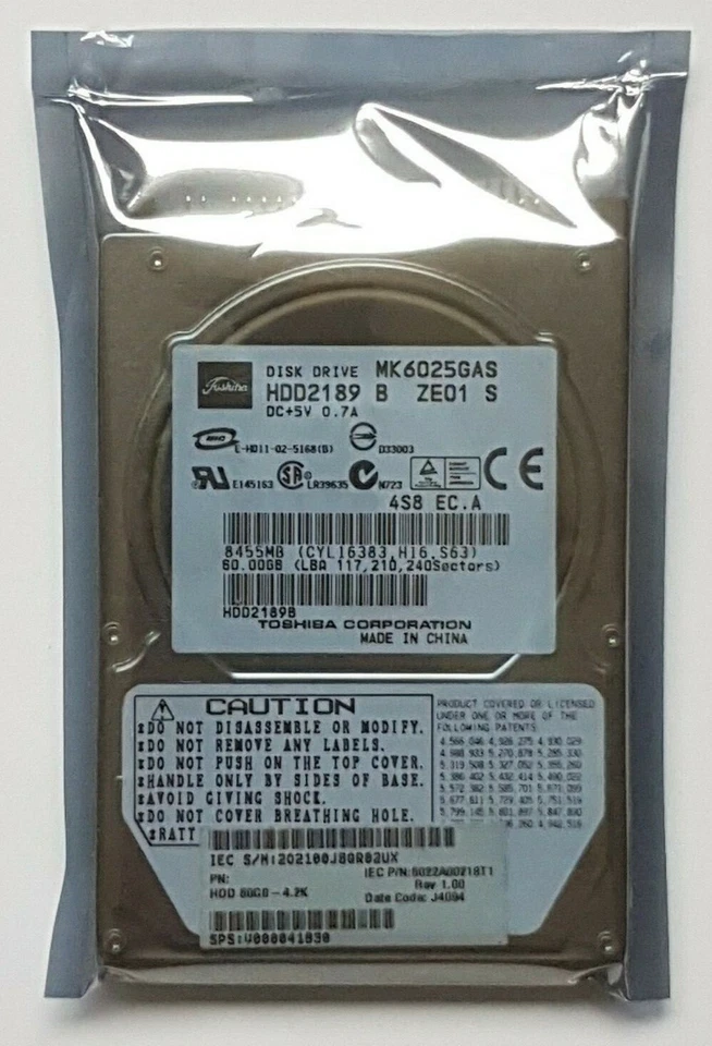 60 GB IDE Toshiba MK6025GAS P-ATA 4200RPM 8MB HDD 2.5" Disco Rigido Interno - Immagine 1 di 1