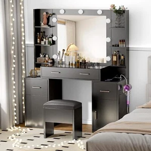 Vanity Set with Led Lights Makeup Desk Dressing Dresser Desk Table with 6 Drawer - Picture 1 of 8