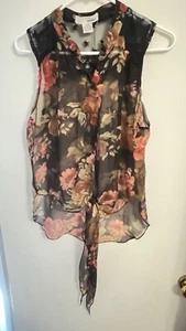 Blusa transparente Sans Souchi con corbatas negra floral talla L - Imagen 1 de 4