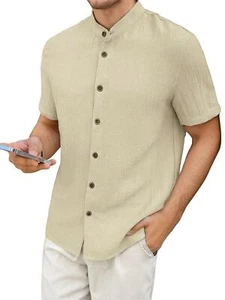 Men's Henley Shirt Casual Button Down Short Sleeve Tropical Shirts Work T Shirts - Picture 1 of 14